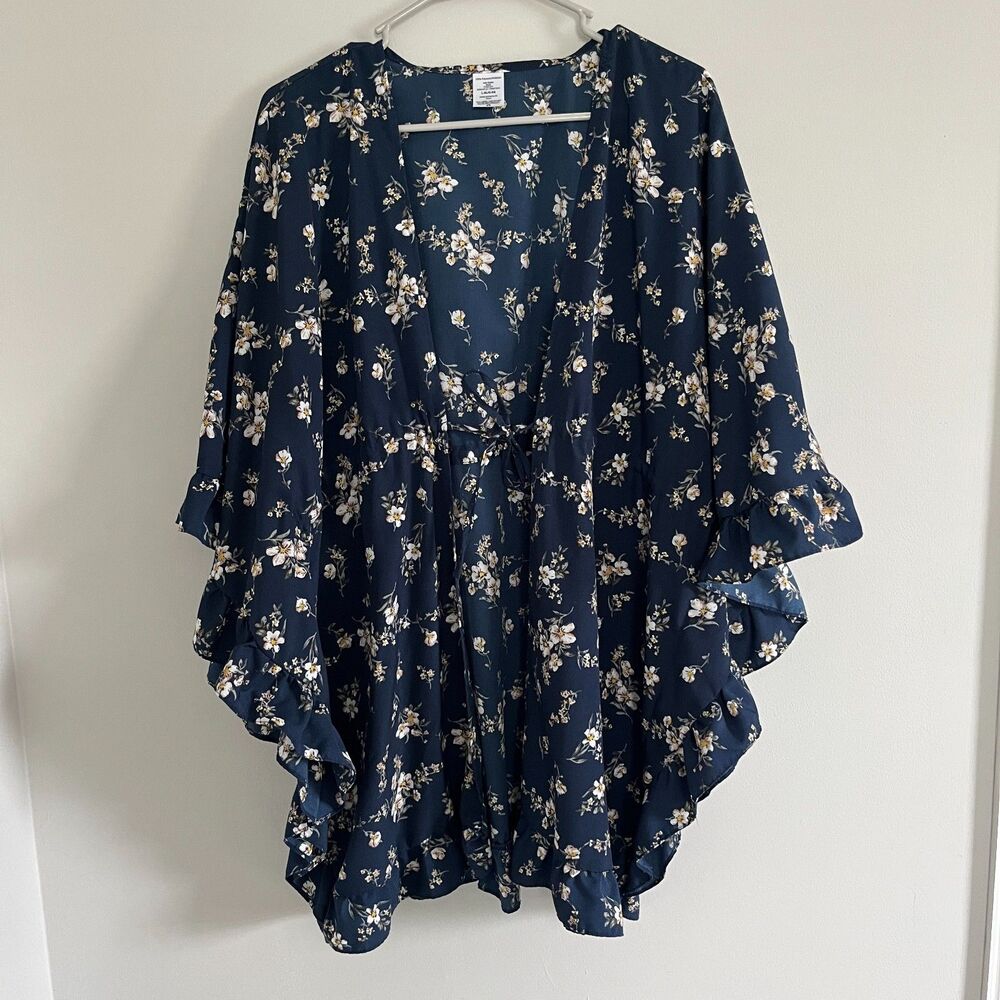 Women's Floral Layering Kimono Top L-XL Front Tie Beach Ruffle
